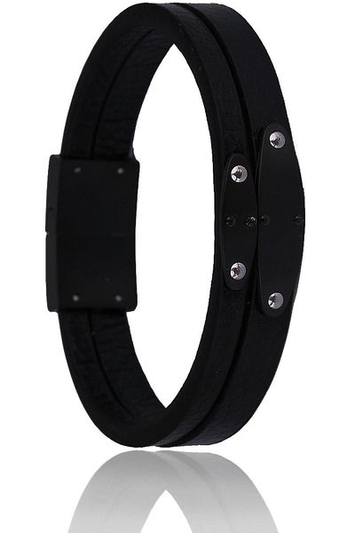 Kravatkolik Black Leather Steel Men's Bracelet Blk1556