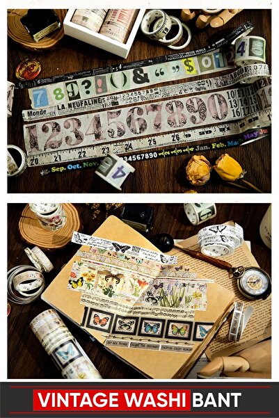 Vox Art Vintage Washi Kağıt Bant / Number Retro Desenli Kağıt Bant 10'lu (NUM...