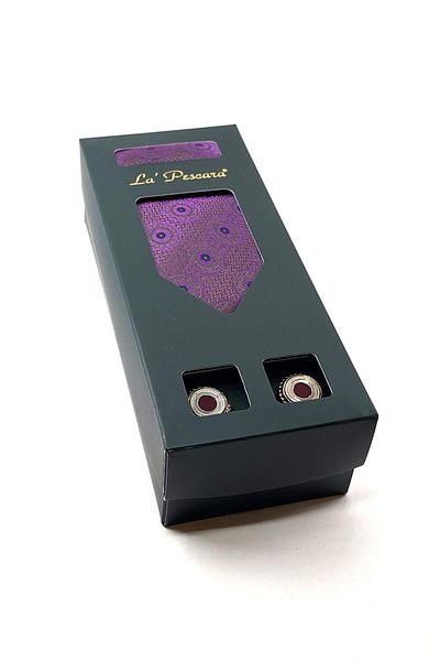 Kravatkolik Purple Handkerchief Tie Bronze Cufflinks Gift Set OS497