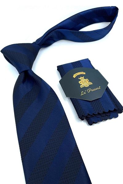 Kravatkolik Navy Blue Line Pattern Classic Tie with Handkerchief Kk10985