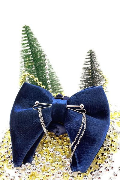 Kravatkolik Navy Blue Velvet Large Bow Tie with Chain P1406