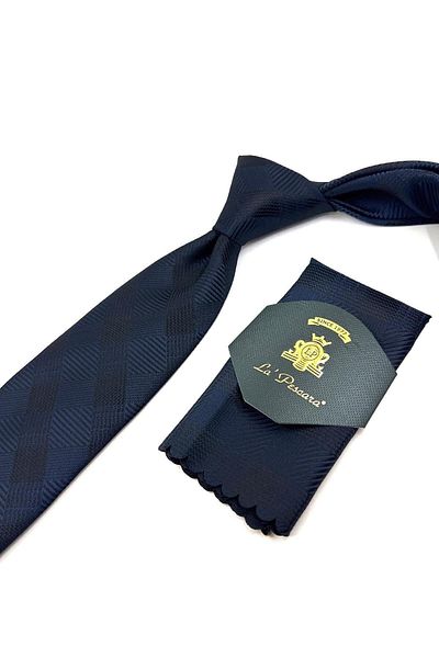 Kravatkolik Navy Blue Plaid Pattern Classic Tie with Handkerchief Kk11079