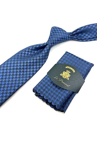 Kravatkolik Classic Tie with Blue Motif Pattern Handkerchief KK12452