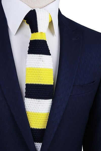Kravatkolik Yellow - Navy Blue Striped Knitted Tie Ör8283