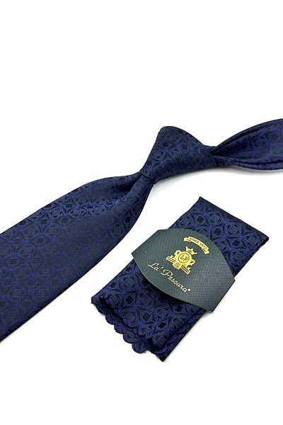 Kravatkolik Smoked - Navy Blue Motif Pattern Classic Tie with Handkerchief KK12412