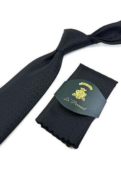 Kravatkolik Classic Necktie with Black Motif Pattern Handkerchief KK11973