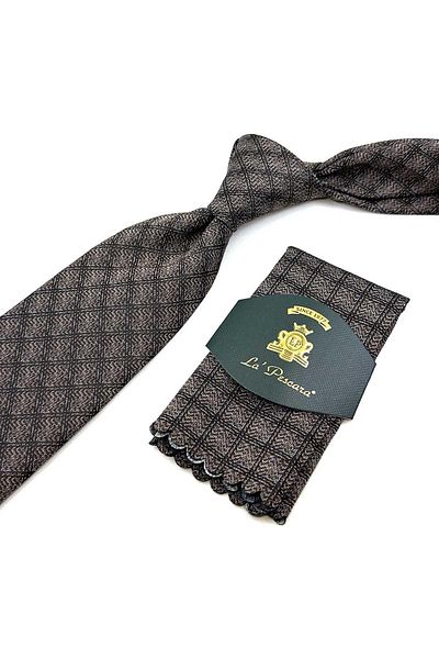 Kravatkolik Brown Square Pattern Classic Tie with Handkerchief KK12484