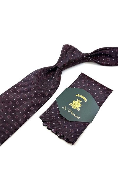 Kravatkolik Claret Red Small Pattern Classic Tie with Handkerchief KK12514