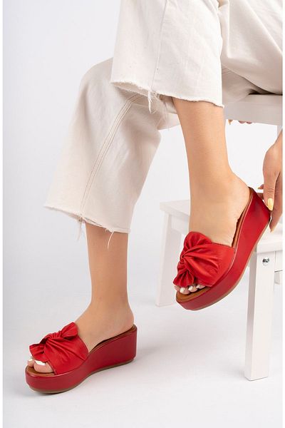 ERNİLA Genuine Leather Wedge Heel Bow Slippers