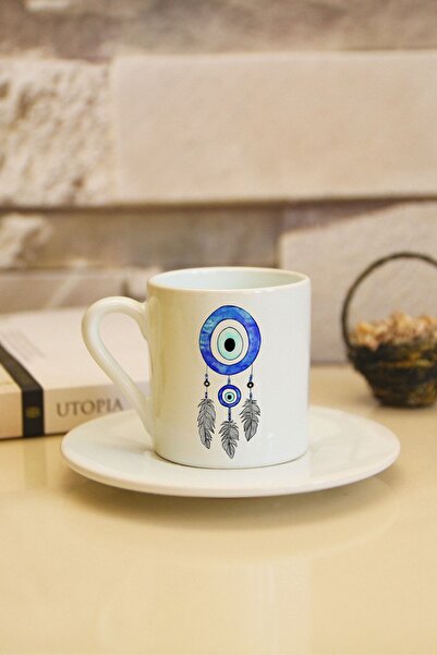 Hediyexpres كوب قهوة تركي مطبوع عليه خرزة عين الشر من الريش