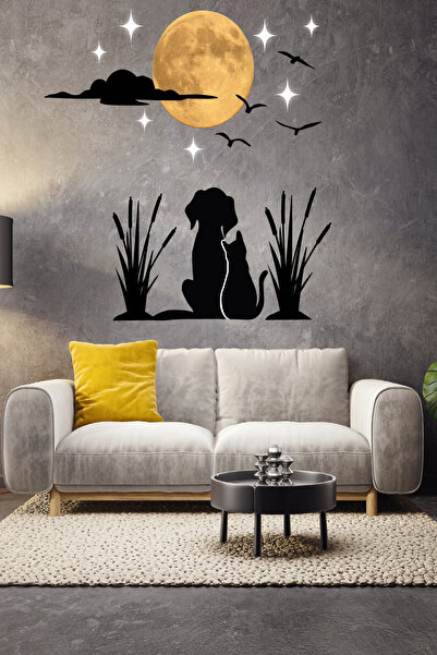 Ayza Tasarım Günbatımı Güneş Kedi Köpek Kuş Yıldız ve Bulut Temalı Siyah Beyaz Çocuk Odası Duvar Sticker