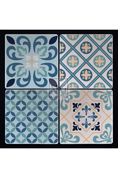 Uv Baskılı Doğal Taş Bardak Altı 10 Cm X 10 Cm 4'lü Turkuaz Desenli (1)
