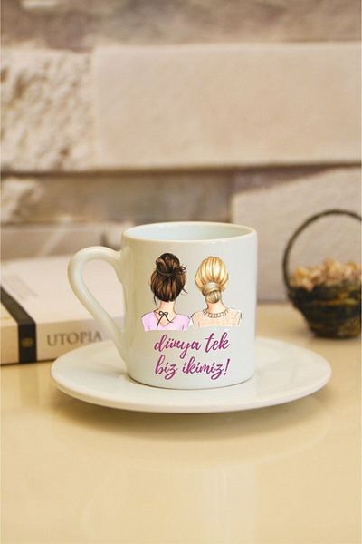 Kumbara Hediyelik The World Is One We Are Two Printed White Turkish Coffee Cup