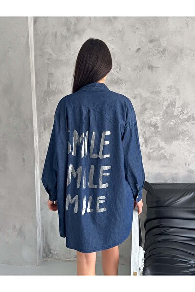 efstyle Μακρύ τζιν πουκάμισο με με τύπωμα τσέπες με φύλλο χαλάκι