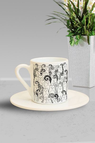 Hediyexpres Black and White Long-Tailed Cats Printed Turkish Coffee Cup