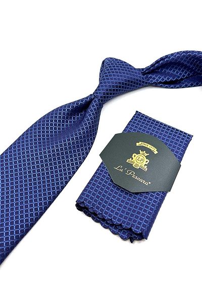 Kravatkolik Patterned Blue Classic Tie with Handkerchief - KK12628