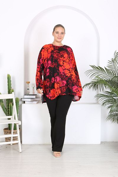 XL Modam xlmodam - Red Black Large Size Lycra Long Sleeve Tunic
