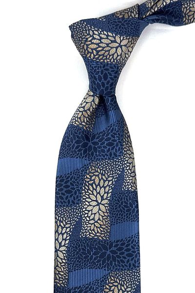 Kravatkolik Classic Tie with Blue Motif Pattern Handkerchief KK12056