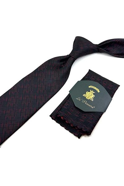 Kravatkolik Classic Necktie with Black Motif Pattern Handkerchief KK12436