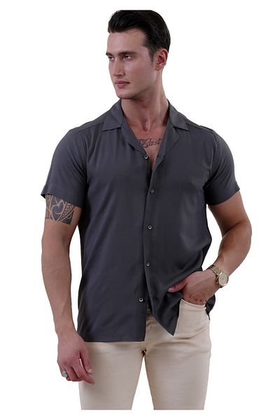 Exve Exclusive Khaki Military Green Natural Viscose Breathable Hawaiian Relaxed Cut Short Sleeve Summer Shirt