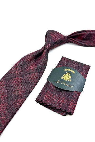 Kravatkolik Patterned Red Sand Tie with Handkerchief - KK12559