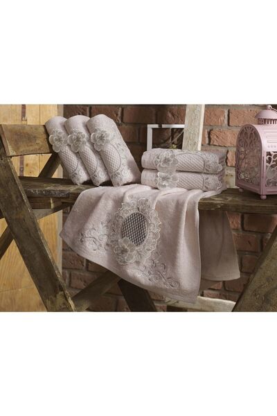Dantela Bambu Fransız Güpürlü Çeyizlik Lüks Havlu - Renk : Pudra : 1 Adet - M...