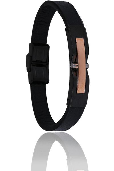 Kravatkolik Black Leather Steel Men's Bracelet Blk1515