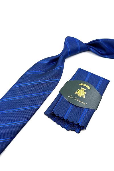 Kravatkolik Blue Striped Parliament Classic Tie - KK12530 with Handkerchief