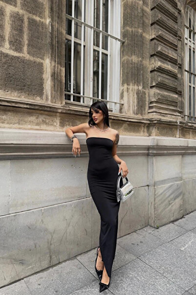 MOZENA Rochie de bază neagră, fără bretele, cu șliț la spate