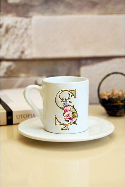 Kumbara Hediyelik Patterned Letter Sh Printed White Turkish Coffee Cup