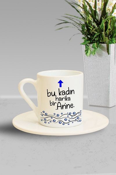 Hediyexpres This Women's A Wonderful Mother Evil Eye Beaded Printed Turkish Coffee Cup