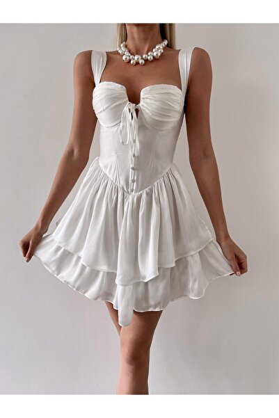 munora butik Askılı Korse Görünümlü Önü Düğme Detaylı Beyaz Mini Elbise