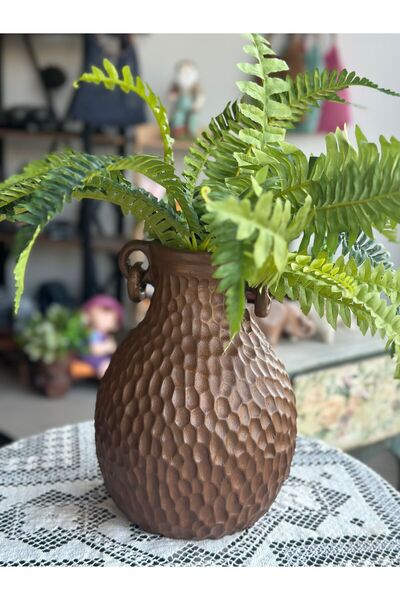 Baykuşca Küpeli Çift Kulplu Bohem Vazo ve Çiçek, 29 cm, Modern, İskandinav