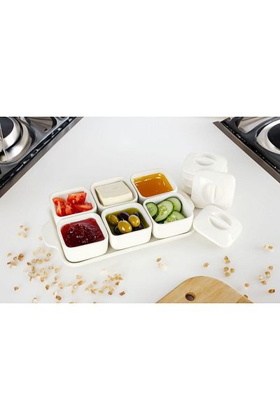 Akkoyunlu home 5-Piece Porcelain Breakfast Bowl with Cover and Tray without Spoon