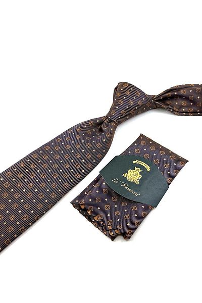 Kravatkolik Saffron - Navy Blue Small Pattern Classic Necktie with Handkerchief KK12518