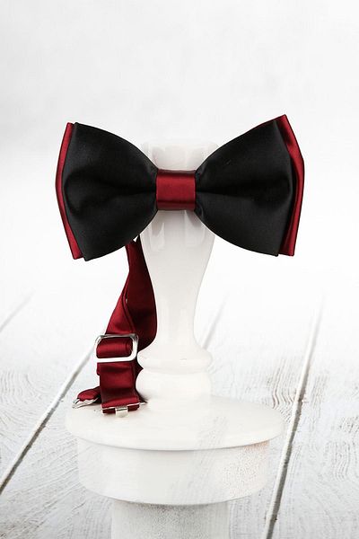 Kravatkolik Men's Black - Burgundy Color Satin Bow Tie SP58