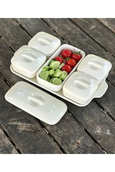Akkoyunlu home 5-Piece Porcelain Breakfast Bowl with Cover and Tray without Spoon