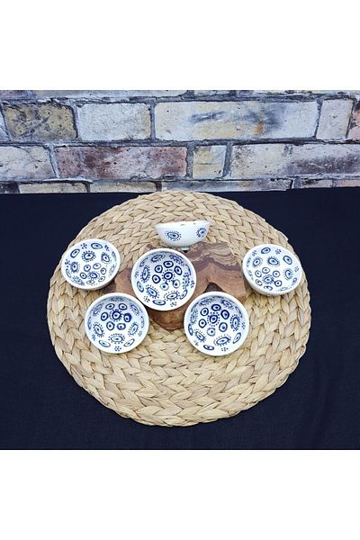 sharpart 6 Pieces Ceramic Evil Eye Bead Themed Real Hand Embroidered Decorative 8 Cm Sauce, Cookie, Appetizer Bowl Set