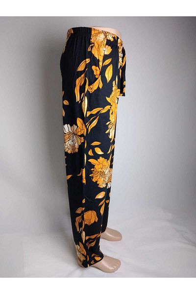 YAŞAR TRİKO Black Orange Patterned - Viscose Women's Bottomwear with Double Pockets and Elastic Waist