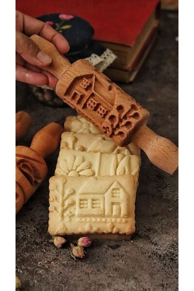 wood and craft İskandinav Evi Desenli Kurabiye Ve Şeker Hamuru Merdanesi Masif Ahşap