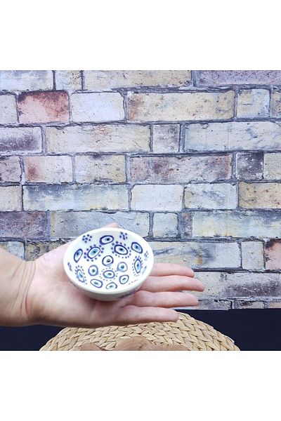 sharpart 6 Pieces Ceramic Evil Eye Bead Themed Real Hand Embroidered Decorative 8 Cm Sauce, Cookie, Appetizer Bowl Set