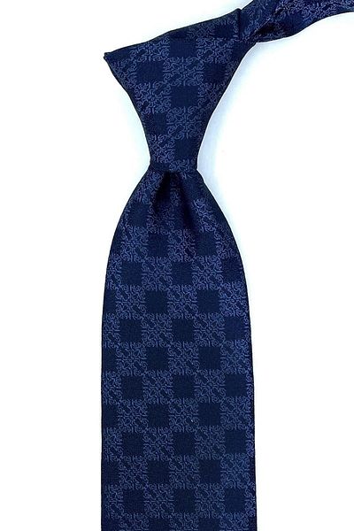 Kravatkolik Classic Tie with Blue Motif Pattern Handkerchief Kk10954