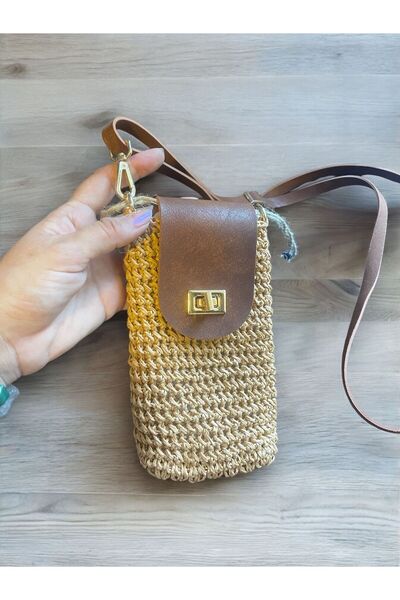 Nuggita Straw Phone Bag - Tan Leather Detailed, Handmade
