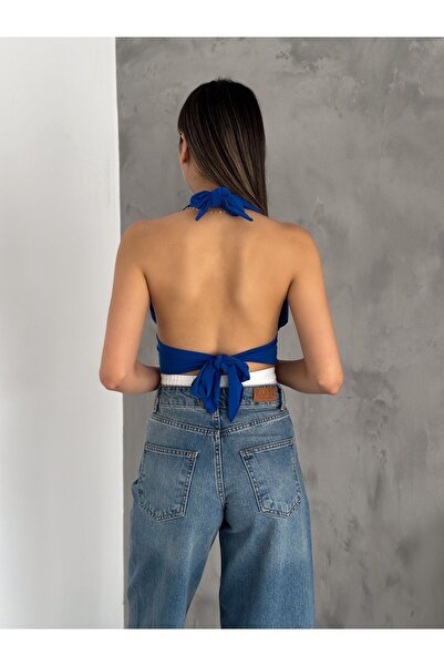 laughs Women's V-neck Backless Halter Neck Sandy Crop Blouse Blz6225