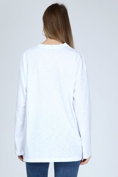 BASICA Plume Women's Flamed White Long sleeve Crew Neck Basic Oversized t-shirt