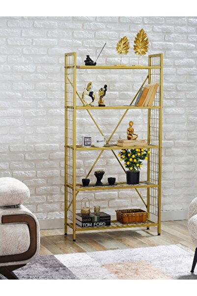 UmkaHome Gold Telli Kitaplık Metal Dekoratif Kitaplık Ofis Rafı 5 Raflı Altın...