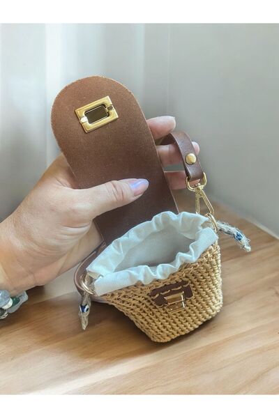 Nuggita Straw Phone Bag - Tan Leather Detailed, Handmade