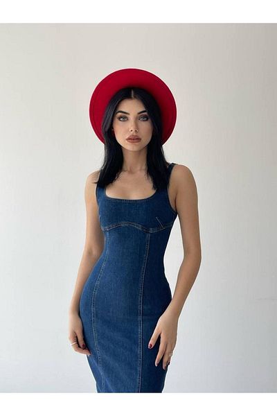Afiş Butik Rochie midi bleumarin cu bretele groase din denim