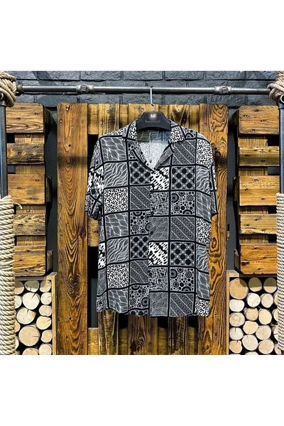 MAGICALFASHION Men's Patterned Oversize Summer Tiril Fabric Short Sleeve Shirt