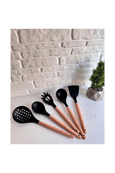 yeninesilevim 5'li Bambu Saplı Silikon Servis Seti Kepçe Kaşık Spatula Kevgir...
